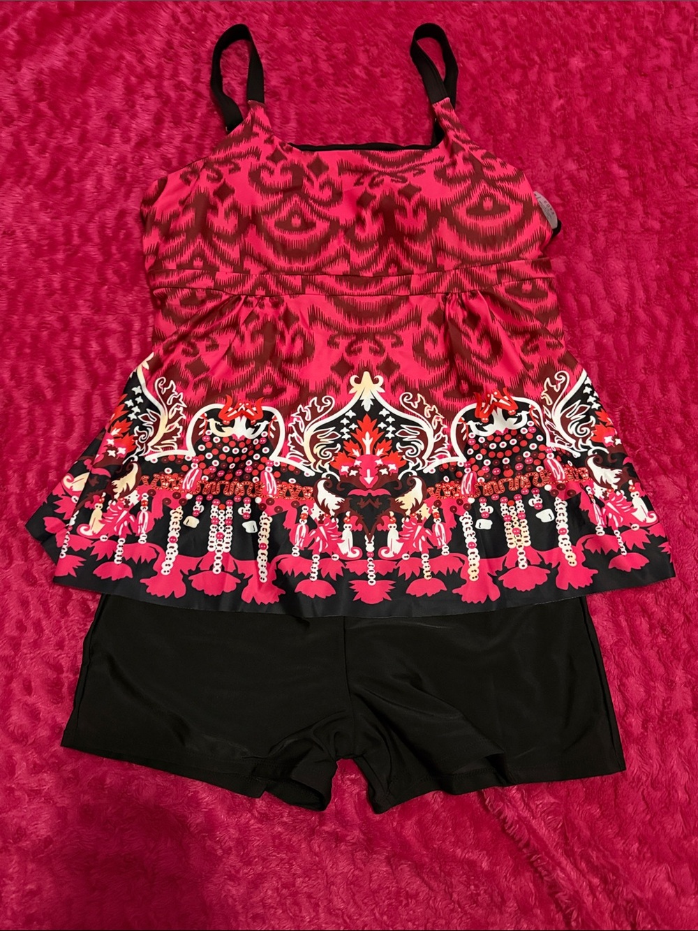 Pink, Red & Black Patterned Tankini with Shorts Swim Set